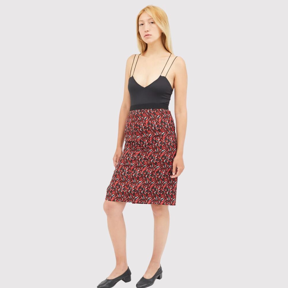 Miu Miu Womens Skirt Red FW 2000 Floral Straight Pencil Italian Pull On Small